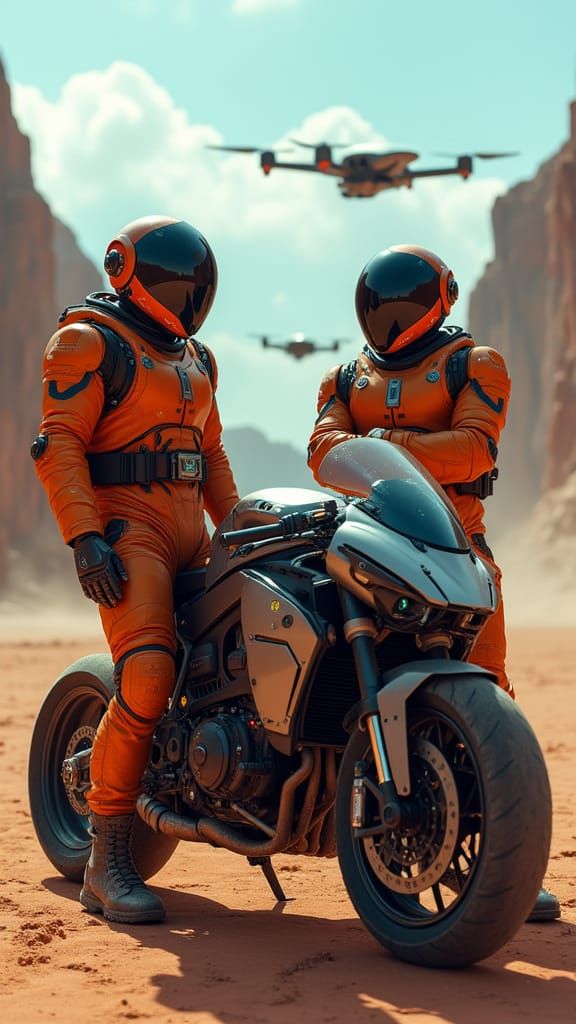 Futuristic Astronauts Ride High-Tech Motorcycles in Desert S...