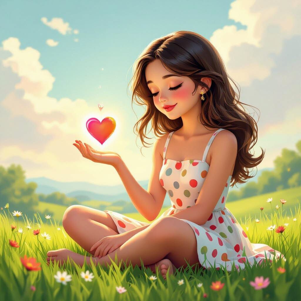 Girl Adoring Heart Emerging From Palm, Vibrant Landscape