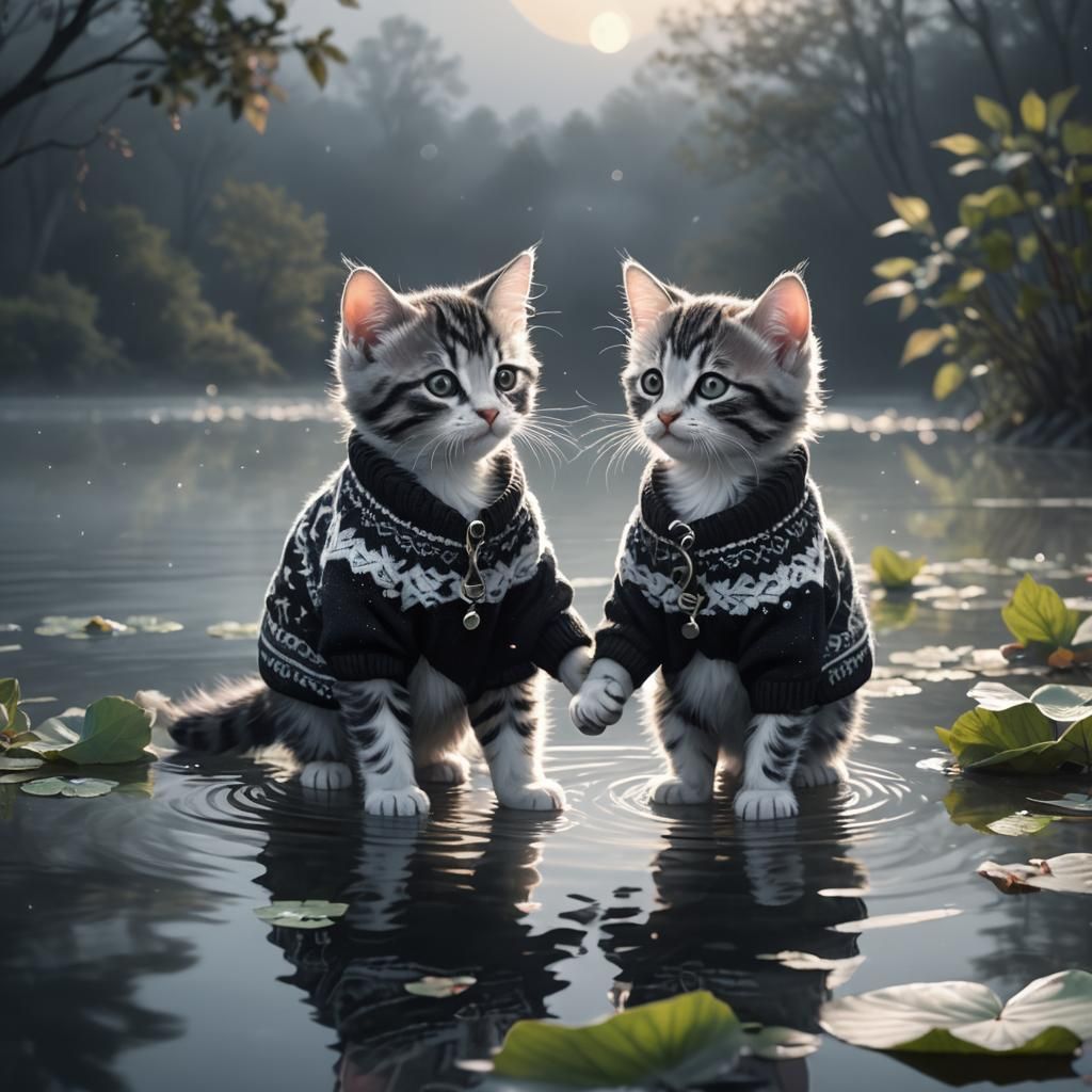 Twin Kittens Hugging on Floating Leaf in Moonlight