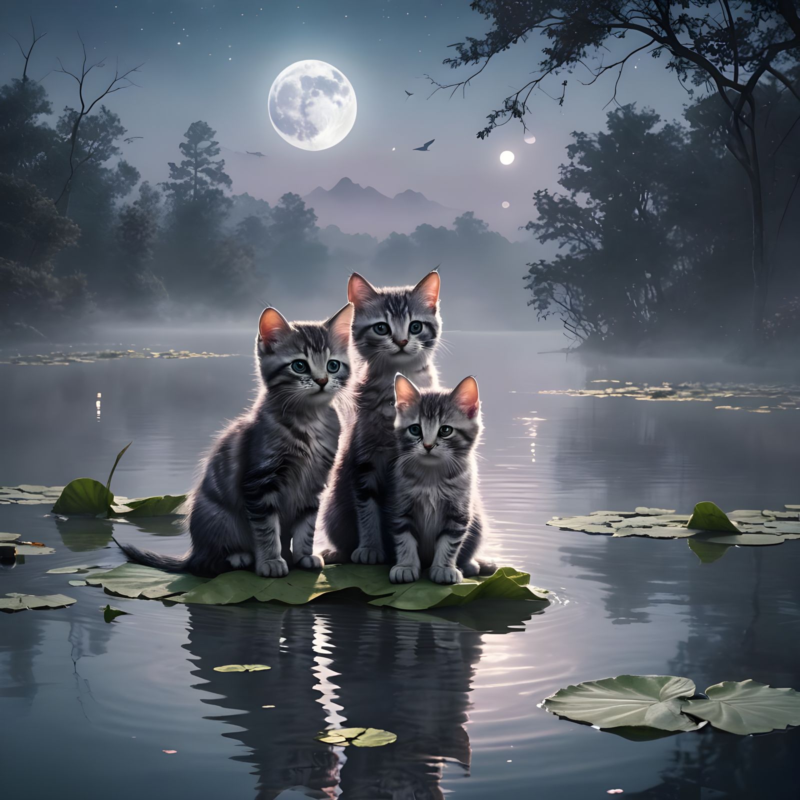 Twin Kittens Embrace Under Moonlight: Fantasy Art