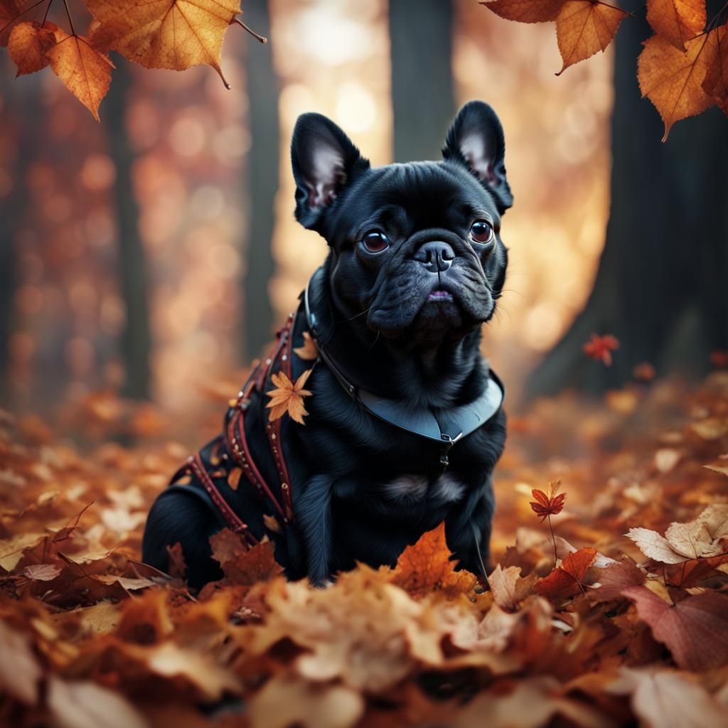 Black Pug-Frenchie on Autumn Leaves: Detailed Matte Painting