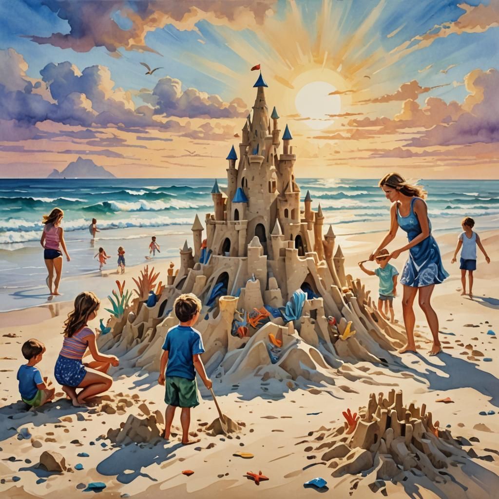 Impressionist Family Sandcastle at Sunrise