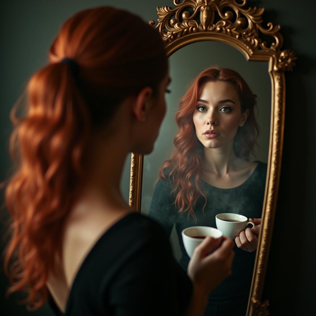 Cinematic Portrait: Woman with Coffee by Antique Mirror
