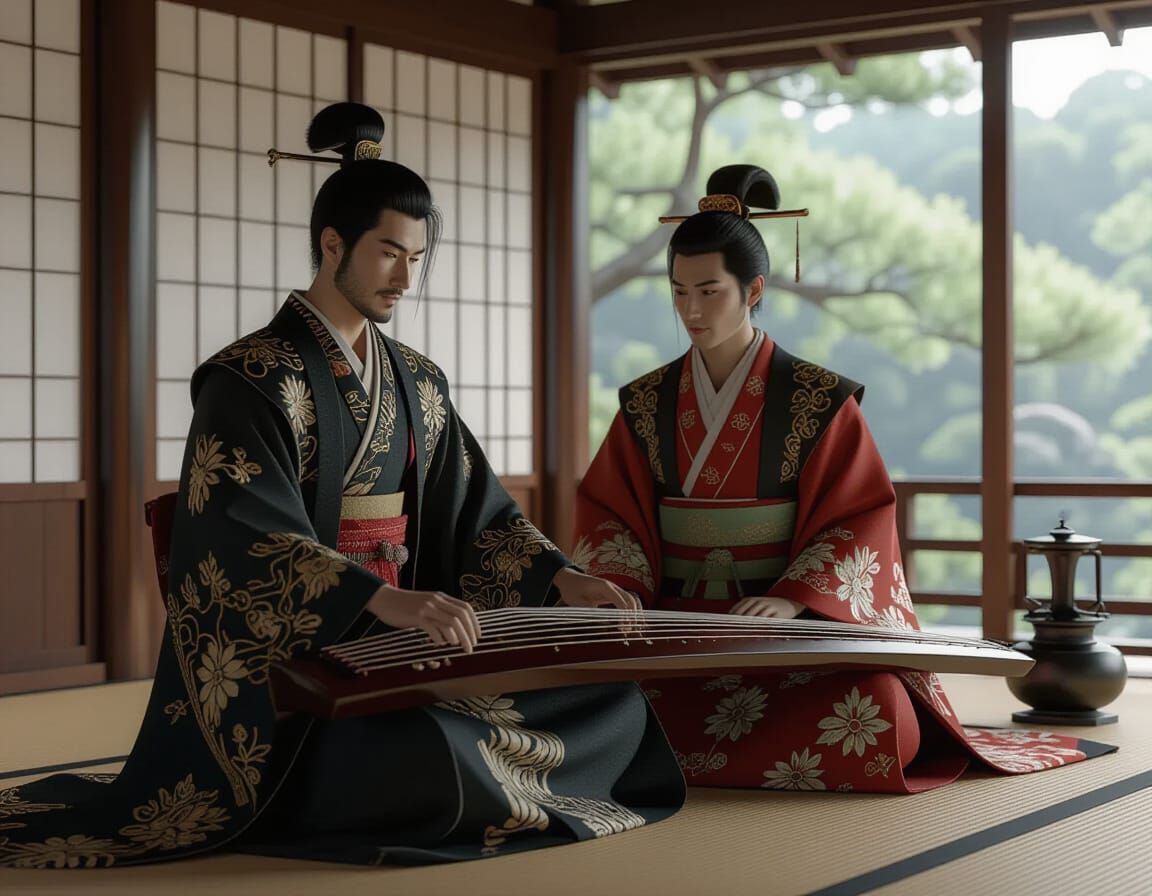 Taikomochi and Samurai Lover in Dark Fantasy Style