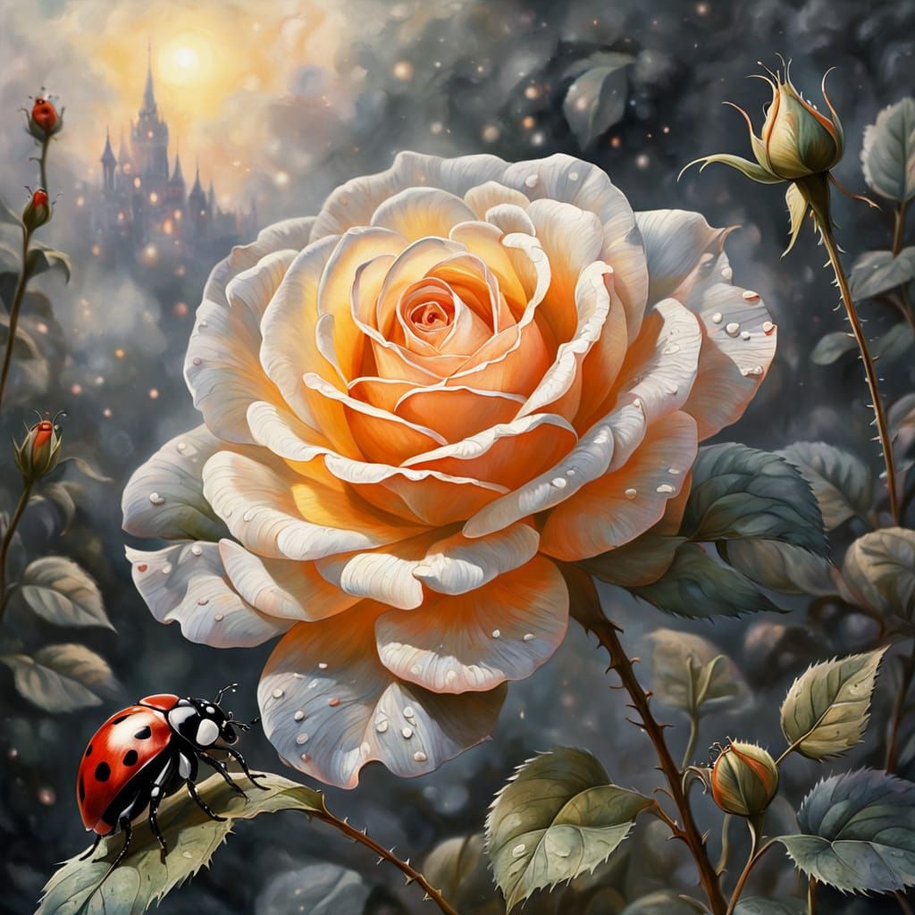 Rose and Ladybug in Gouache Style