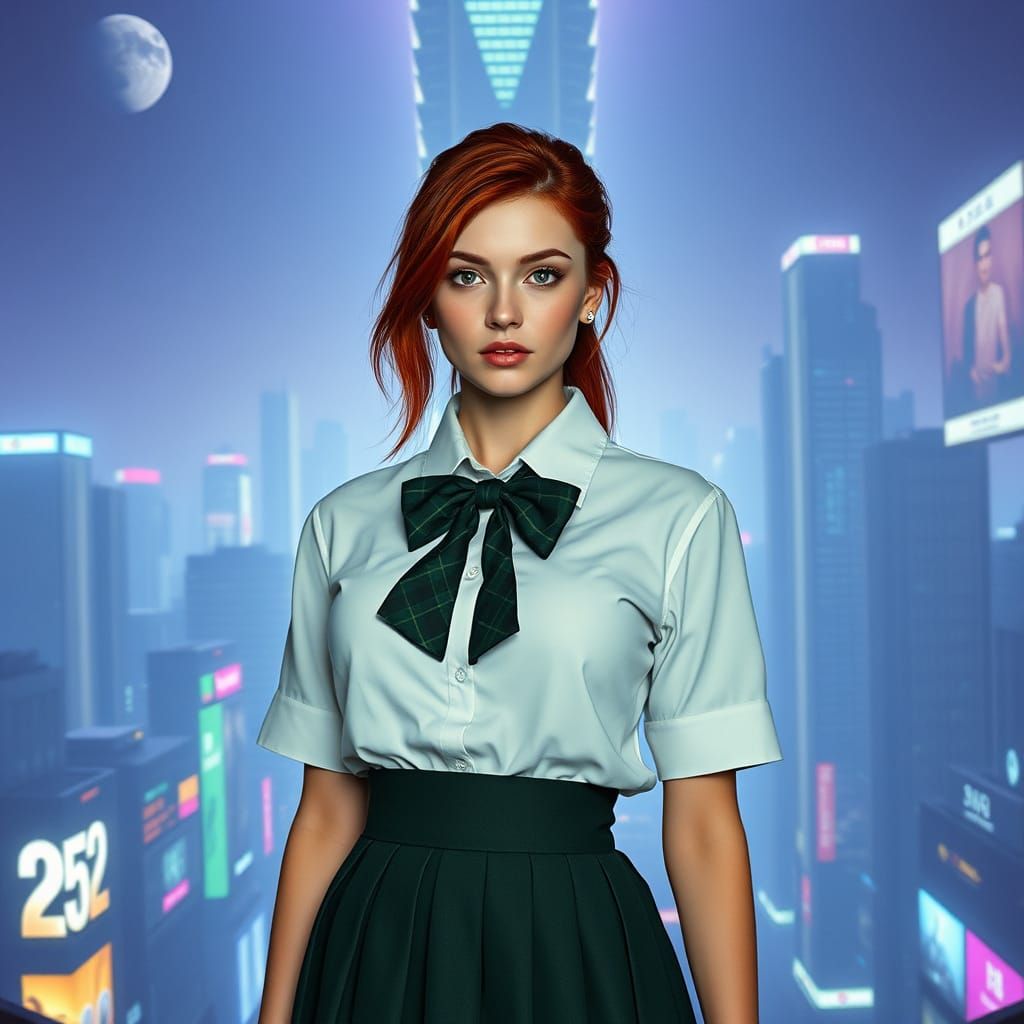 Lena, a Futuristic Schoolgirl in Lunar Cityscape