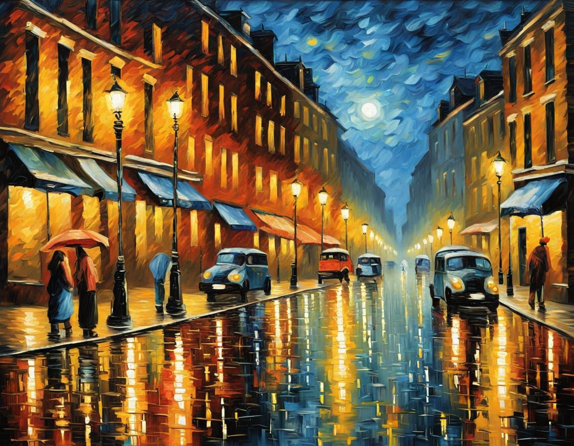 Rainy Cityscape Painting in Impasto Style