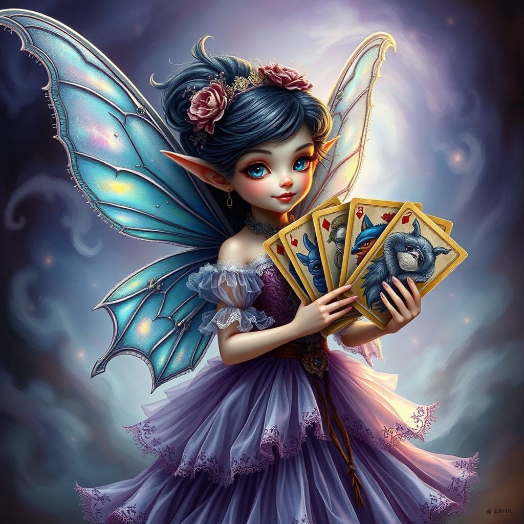 Pixie Holding Cards in Victorian-Inspired Gown in Dreamlike...