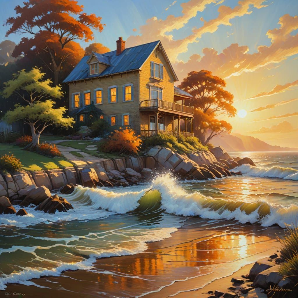 Expressionistic House by the Water in Oils