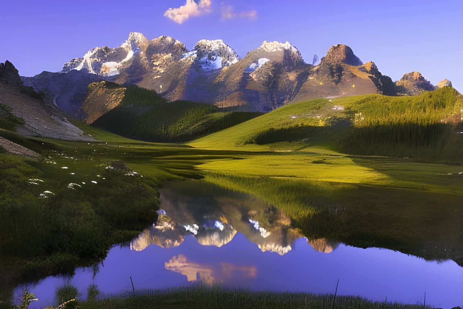 Snow-Capped Mountains and Wildflowers in Summer Landscape