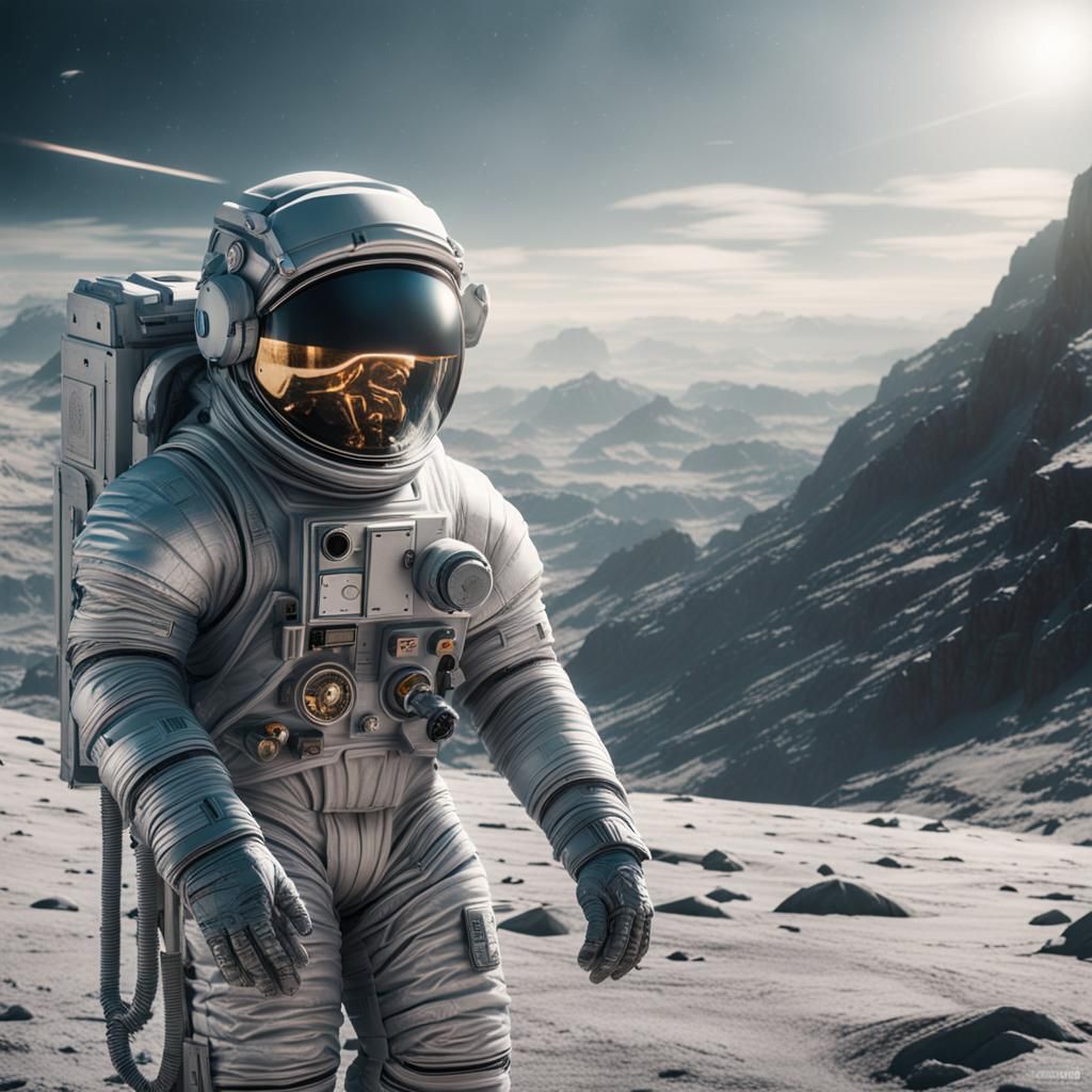 Futuristic Astronaut on Europa in Silver Spacesuit