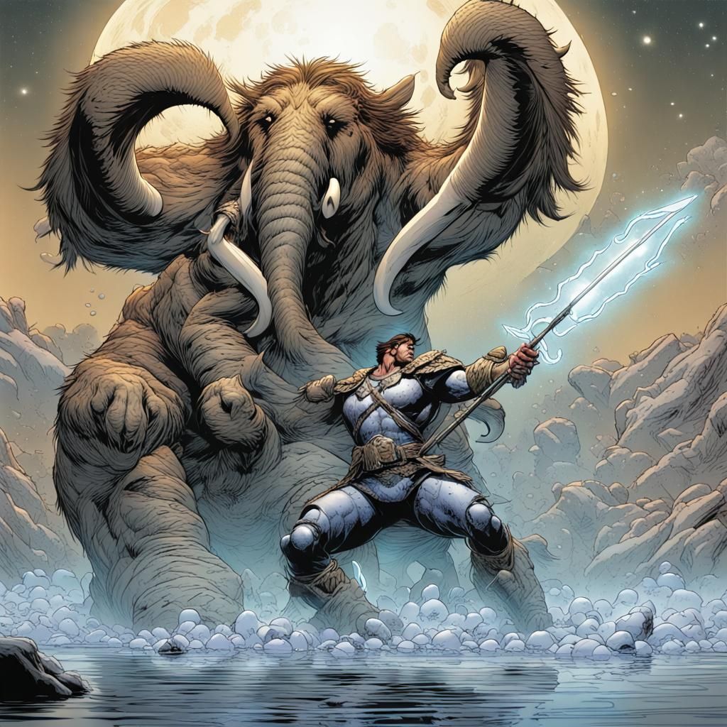 Hunter and Mammoth Battle in Comic Book Style