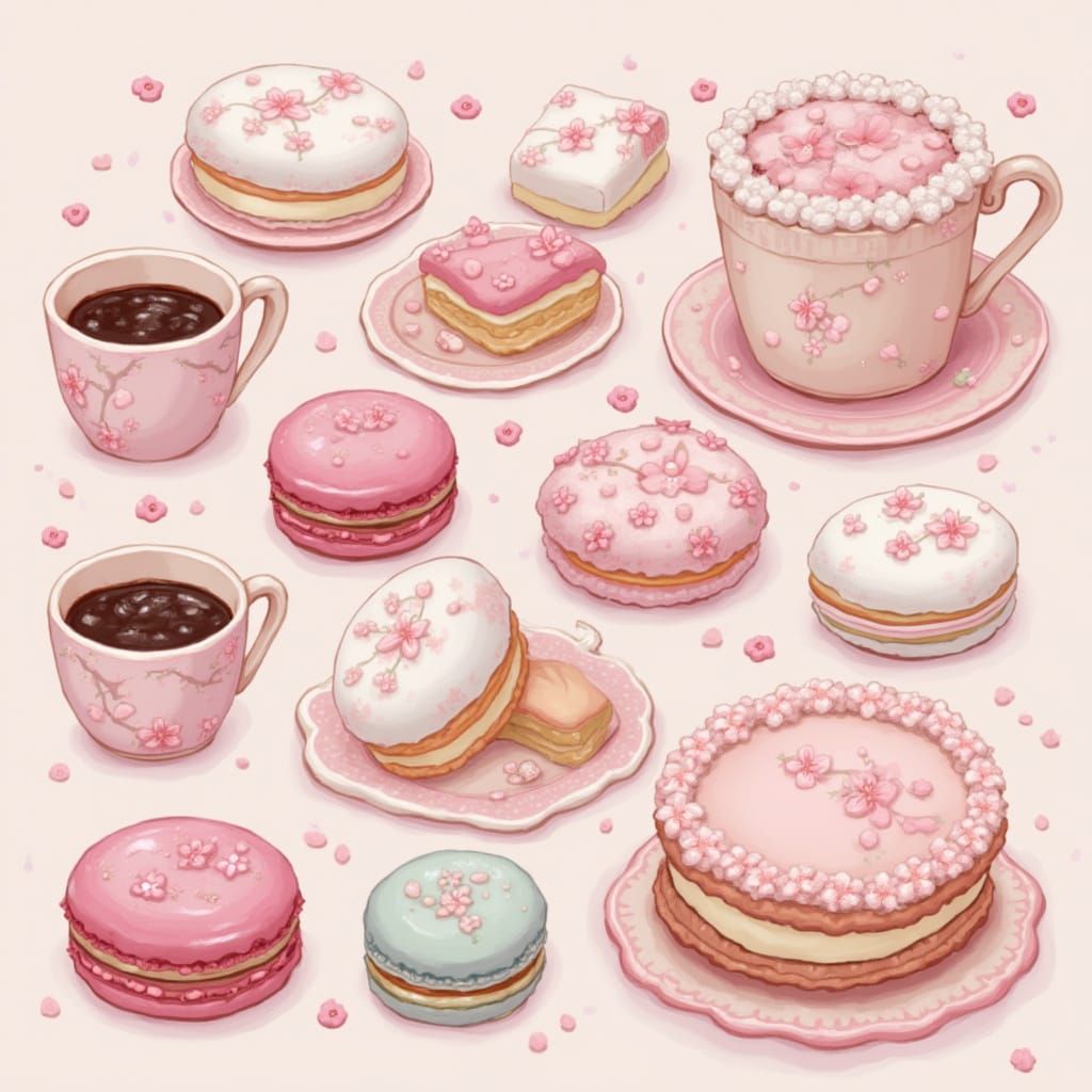 Cherry Blossom Pastries and Coffee in Pastel Watercolor