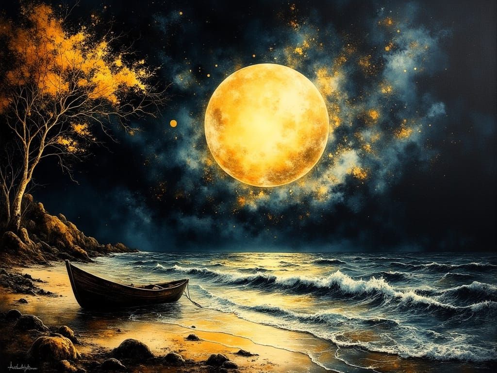 Dramatic Moonlit Seascape in Watercolor Style