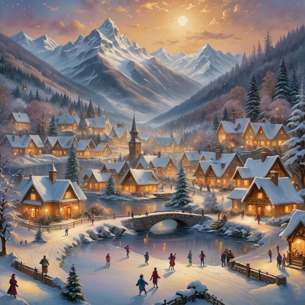 Snowy Village in Winter Wonderland, Kinkade Style