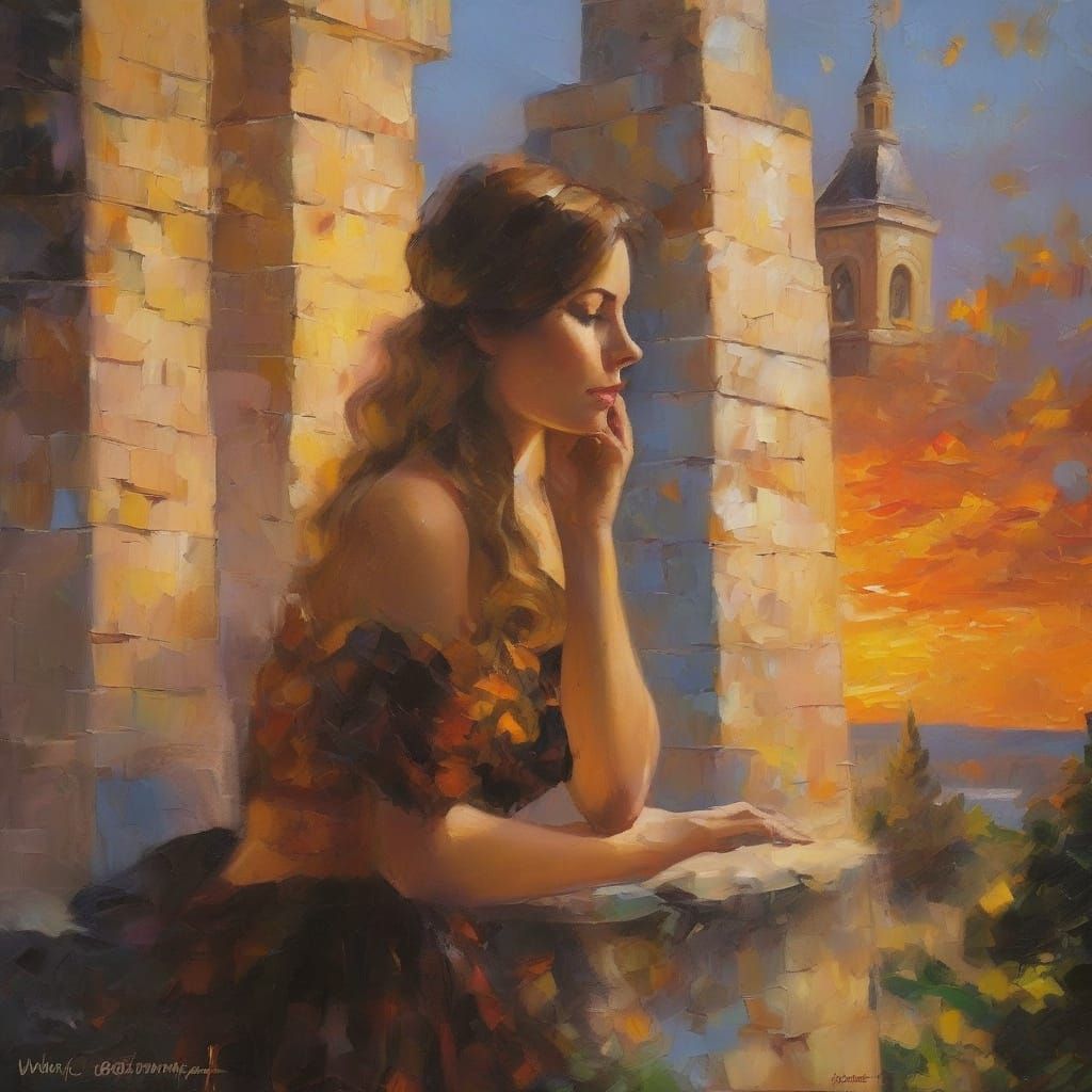 Goth Girl Reading at Tower Base: Fairytale Oil Illustration