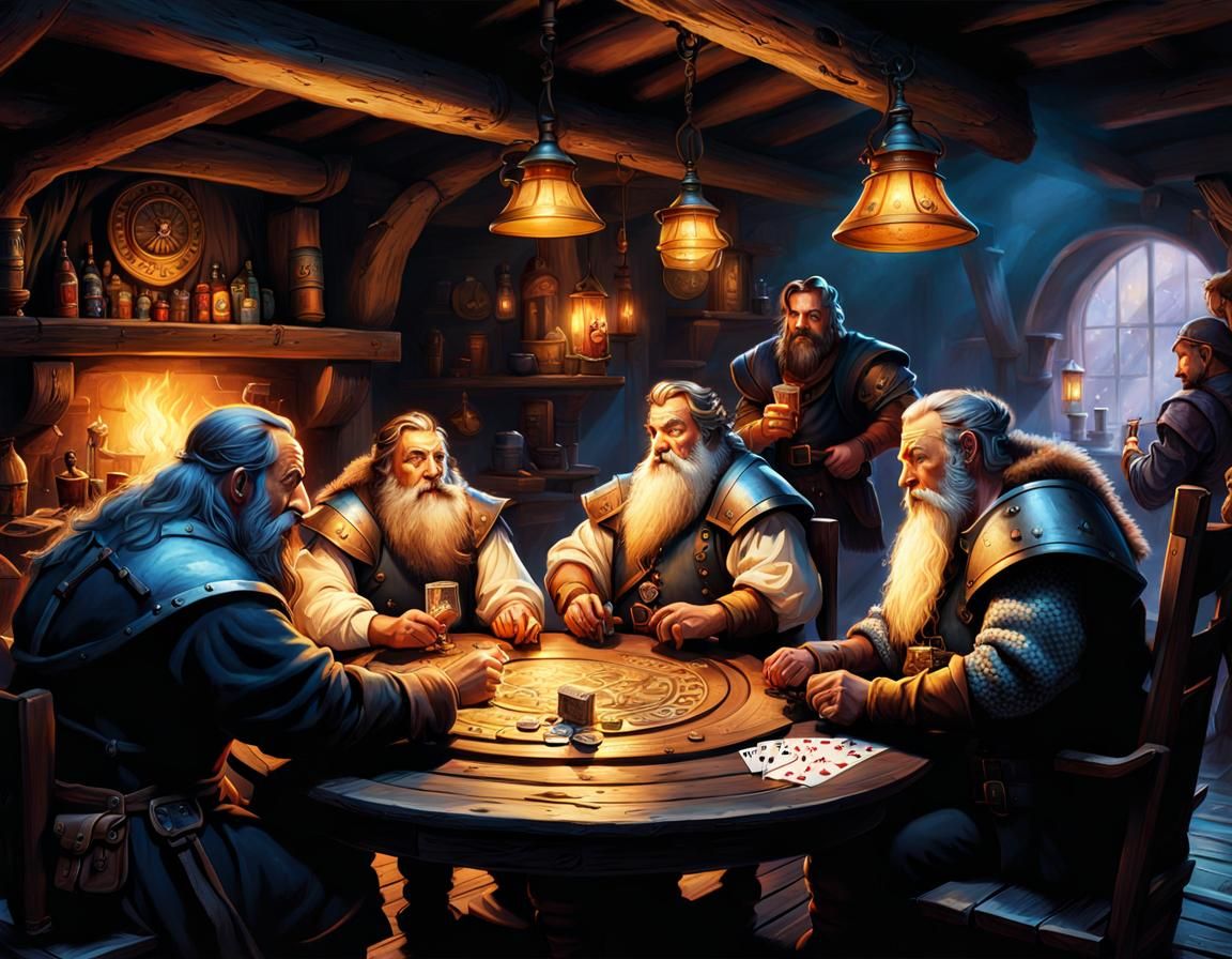 Fantasy Tavern Scene with Dwarves Playing Cards