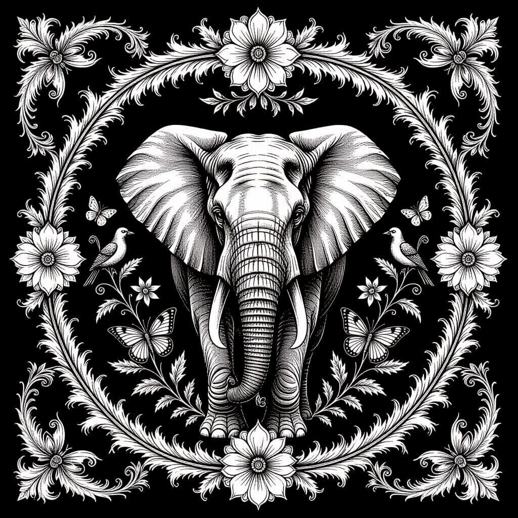 Surreal Elephant Illustration with Baroque Floral Ornaments