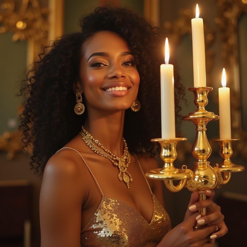 Opulent Gold: A Photorealistic Portrait in Exhibition Hall