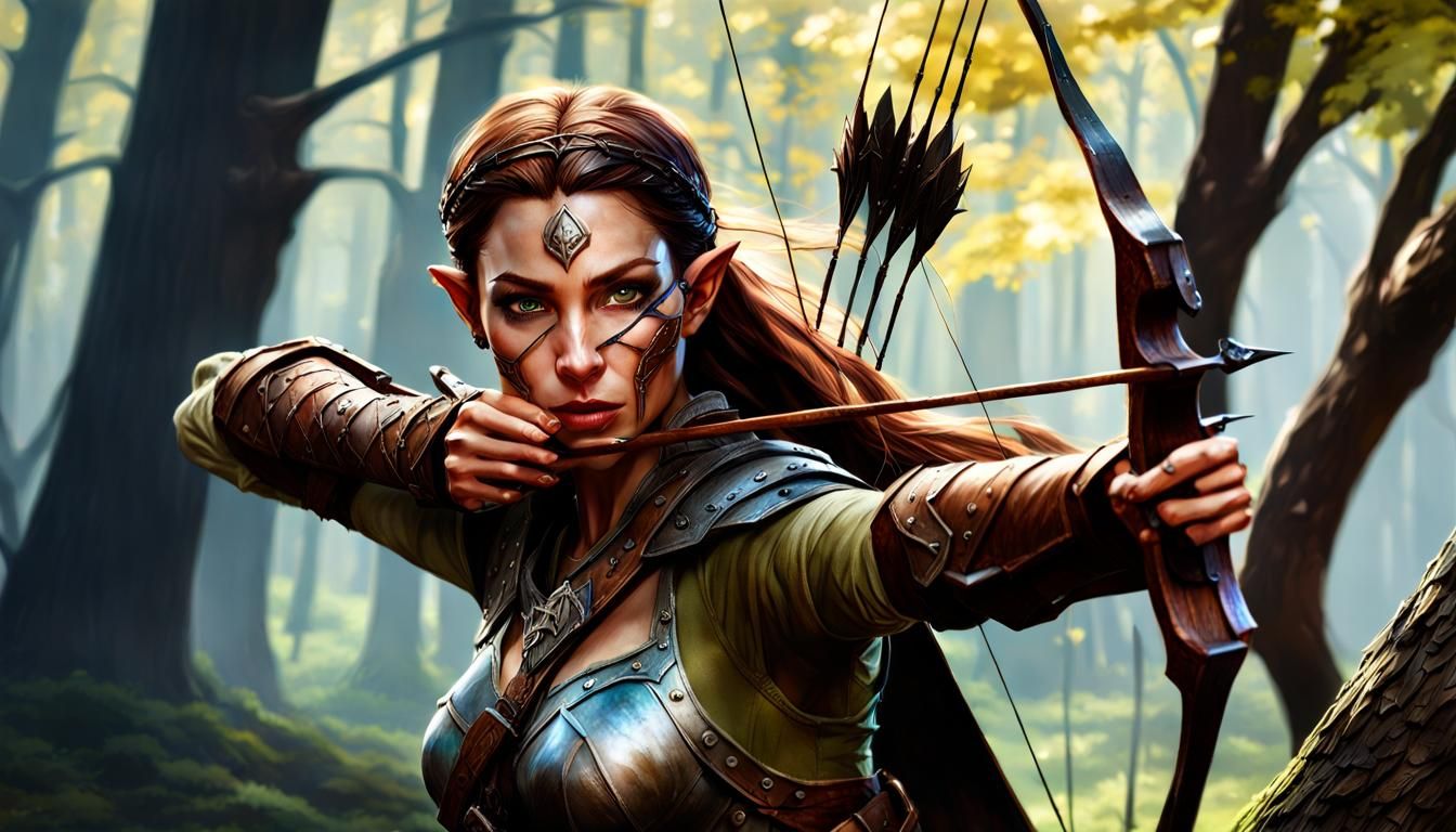 Female Elf Ranger in Forest, Hyperrealistic Matte Painting