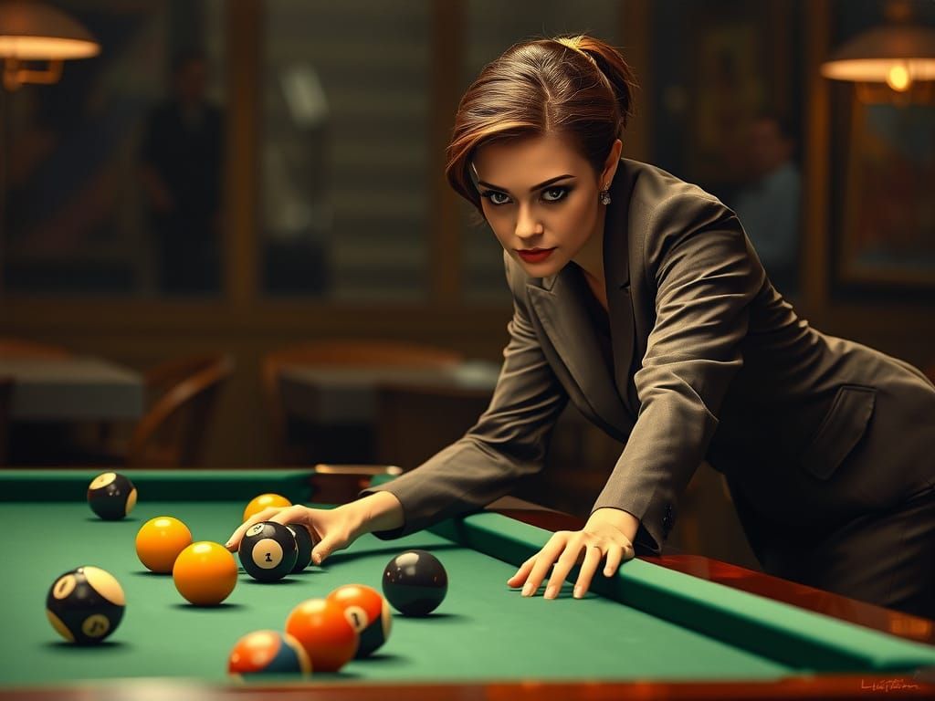 Elegant Woman Plays Billiards as Hyperrealistic Oil Painting