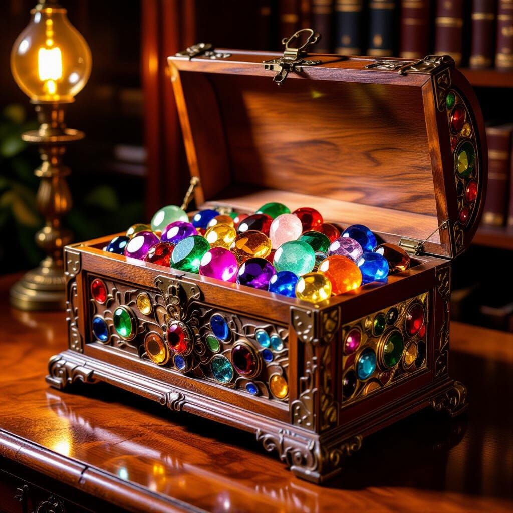 Gems Overflowing from Carved Chest, Art Nouveau Style