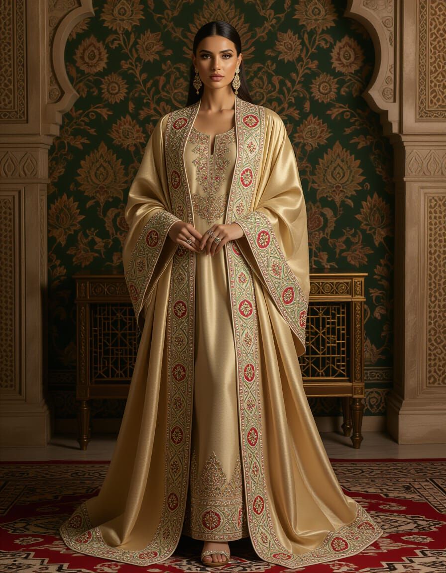 Regal Woman in Opulent Jewel-Toned Abaya