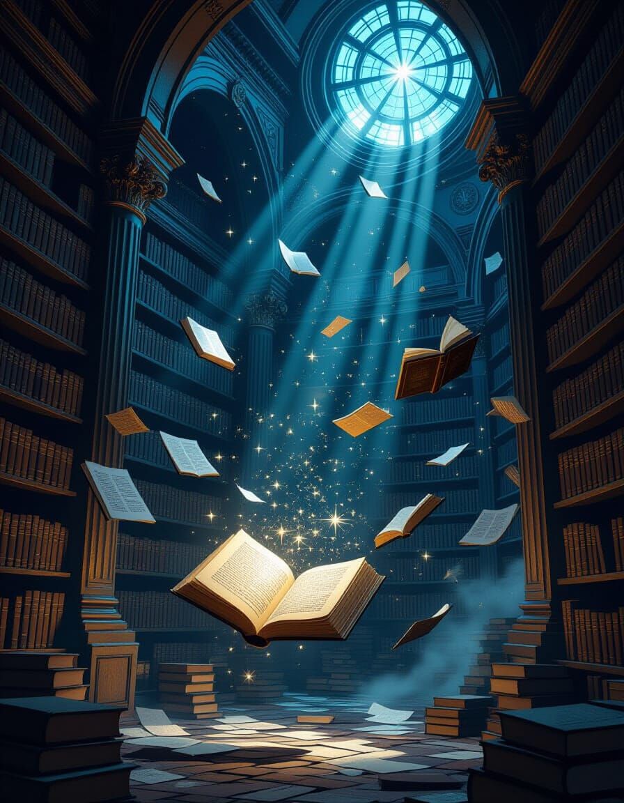 Ethereal Library: Floating Books and Star Charts