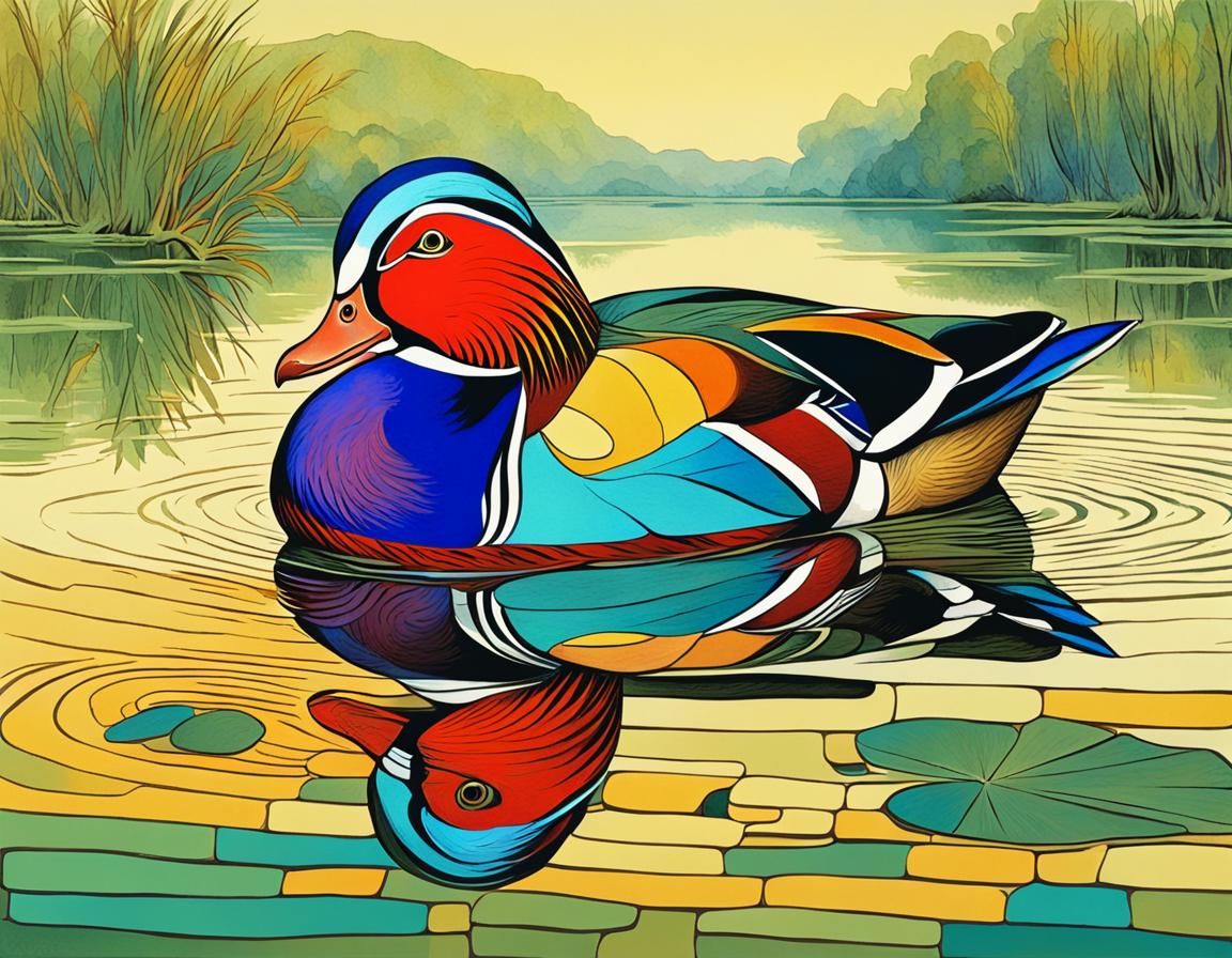 Mandarin Duck on Lake: Naive Art Digital Illustration