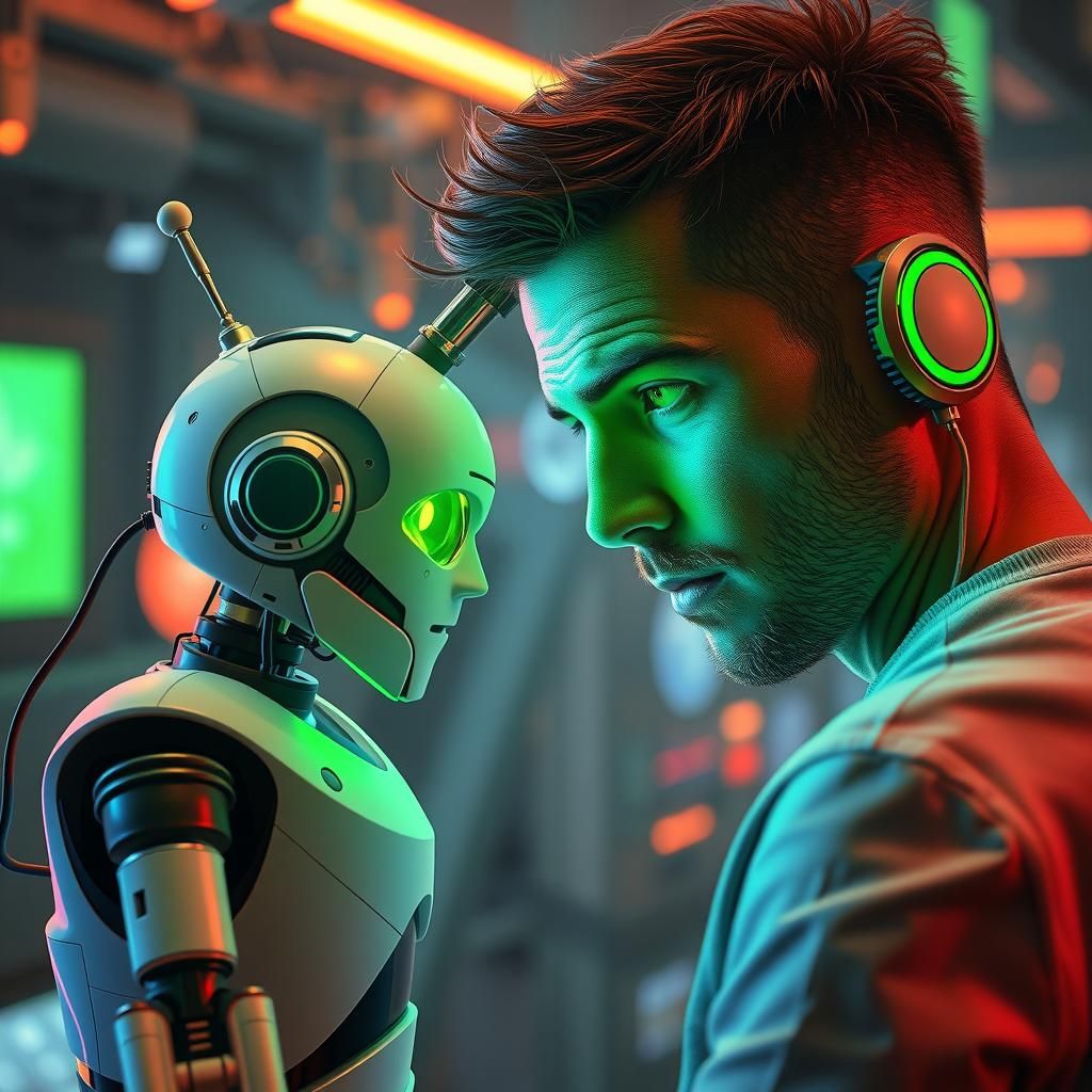 Futuristic Human and Robot Interaction in Synthwave Style