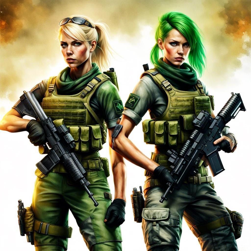 Blonde and Green-Haired Warriors in Combat