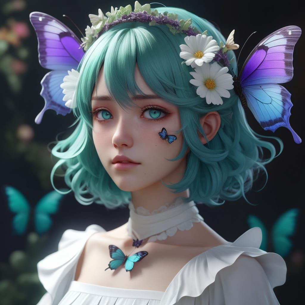 Girl in Anime Style with Teal Hair and Butterfly Wings in a ...