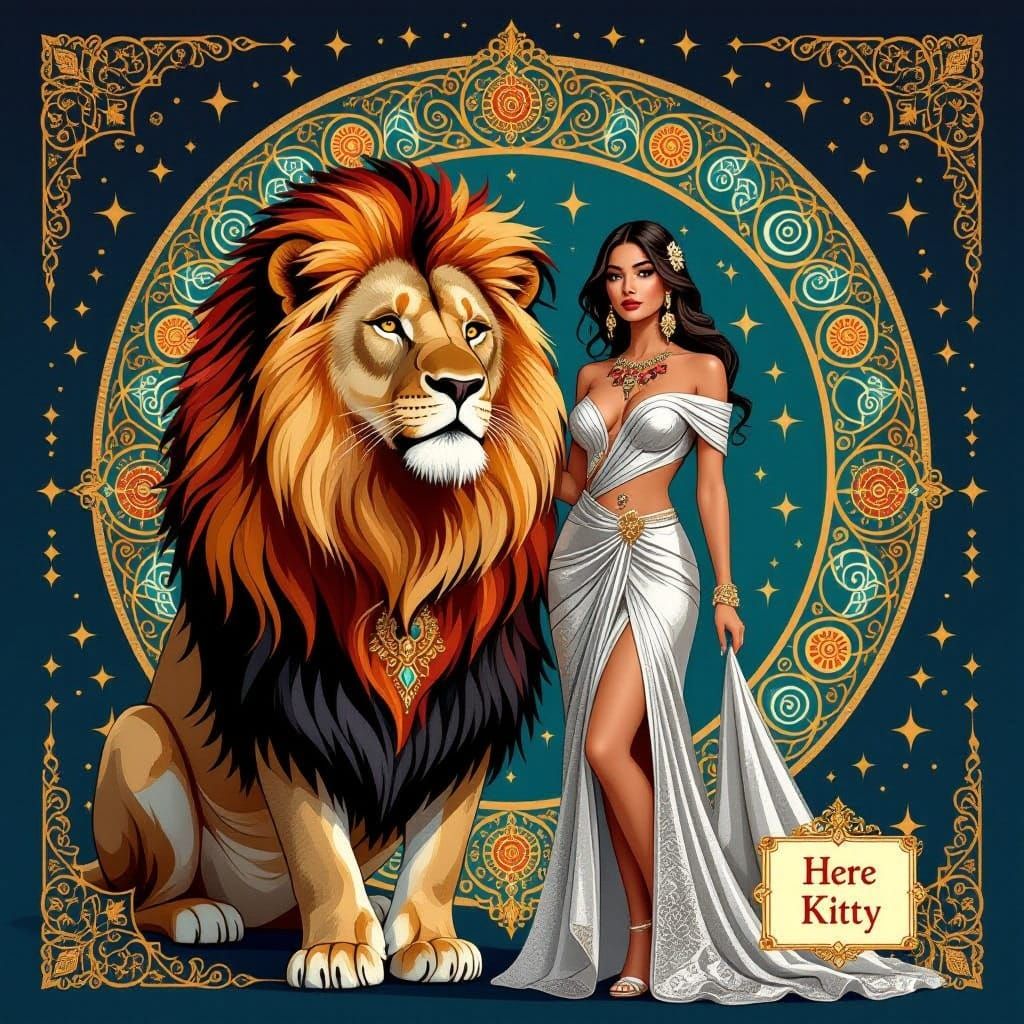 Woman and Lion in Ornate Mystical Design