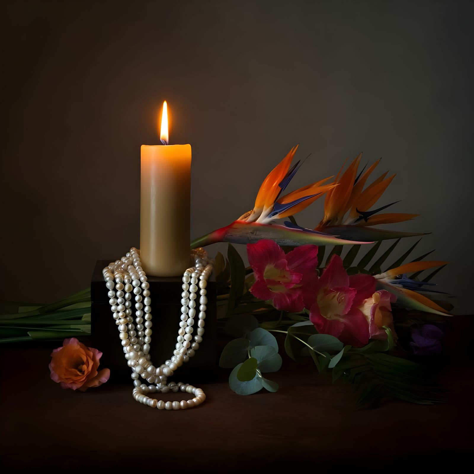 Elegant Still Life with Candle and Flowers in Soft Studio Li...