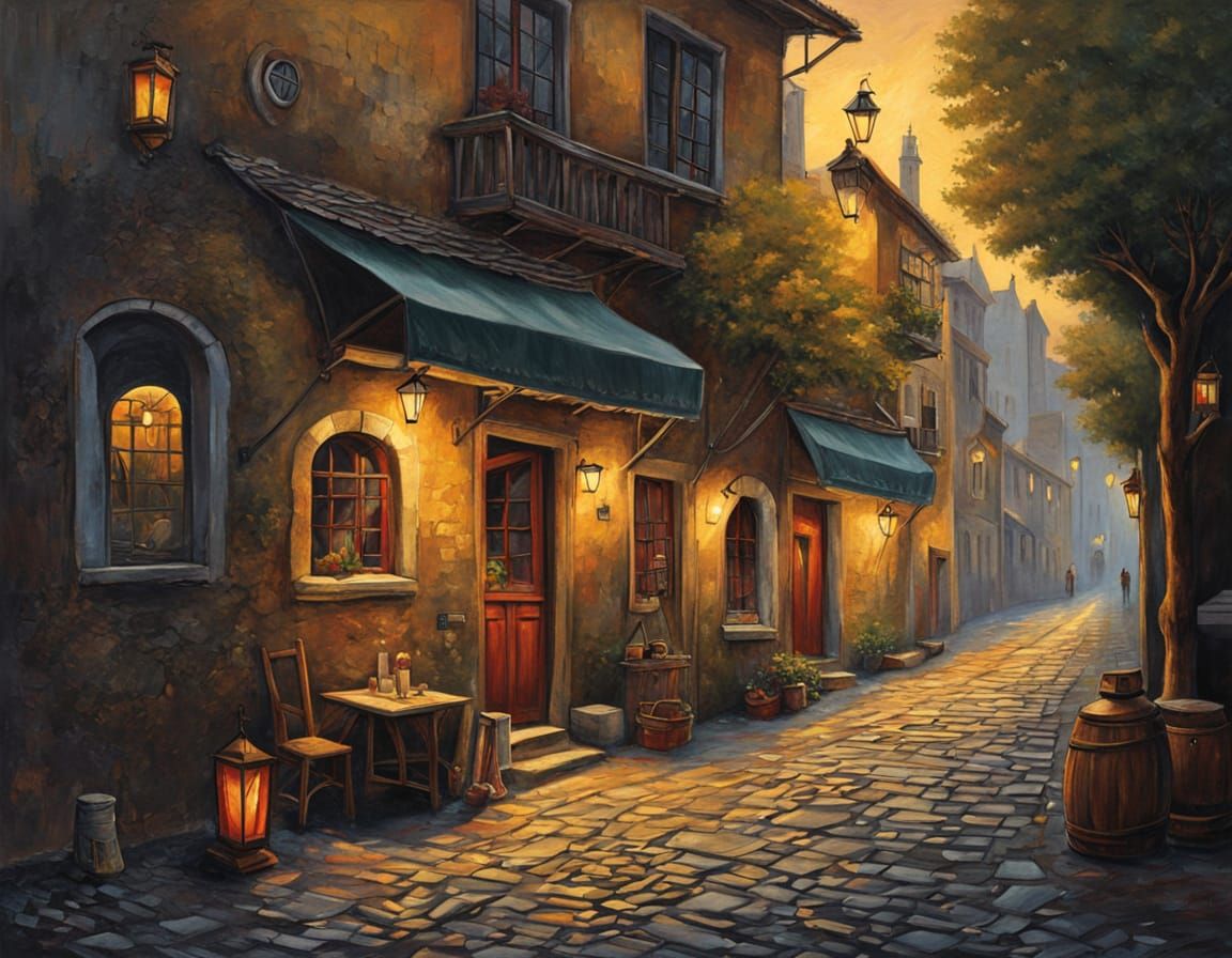 Old Town Alleyway with Mysterious Man and Glowing Lanterns