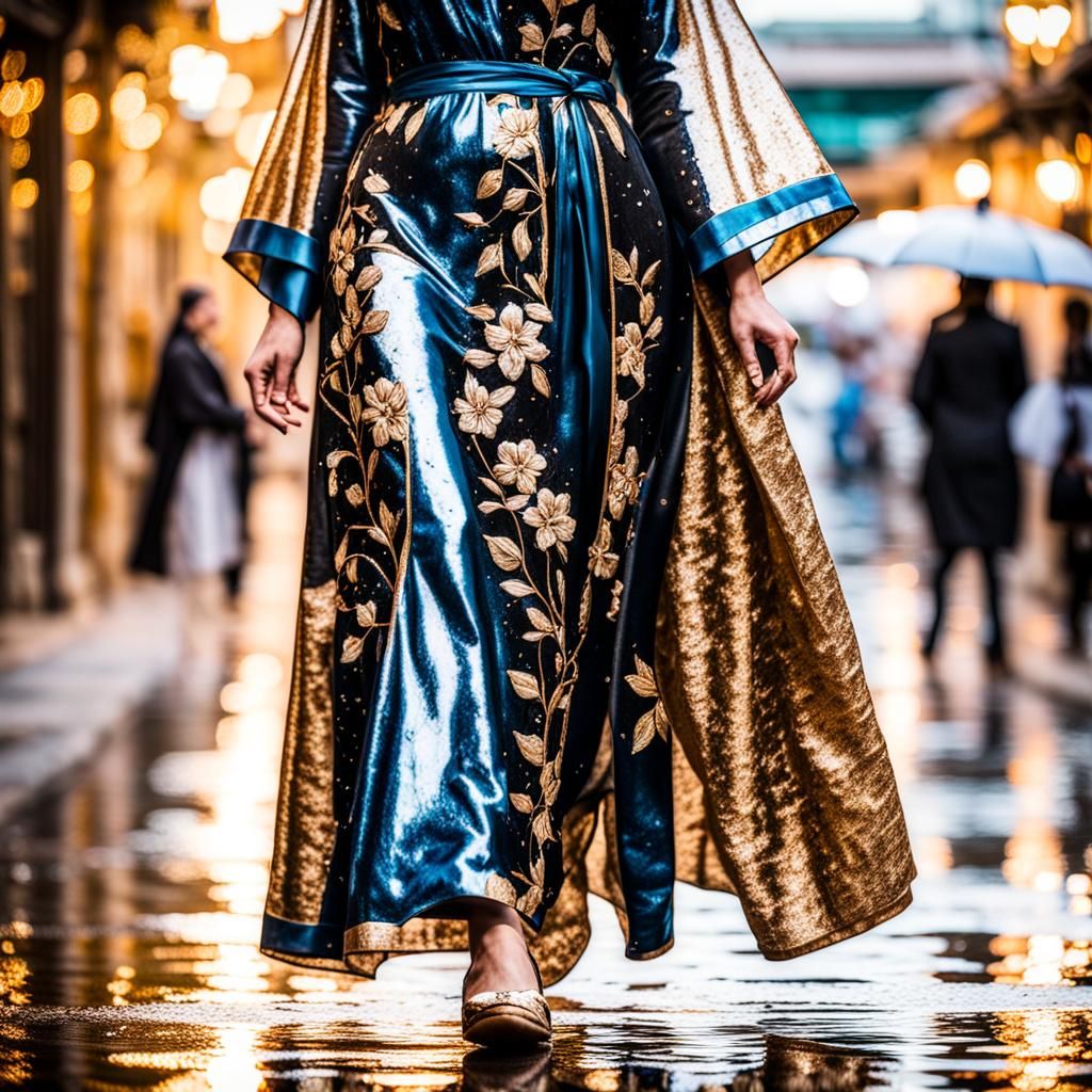 Woman in Embroidered Caftan with Sakura Reflection