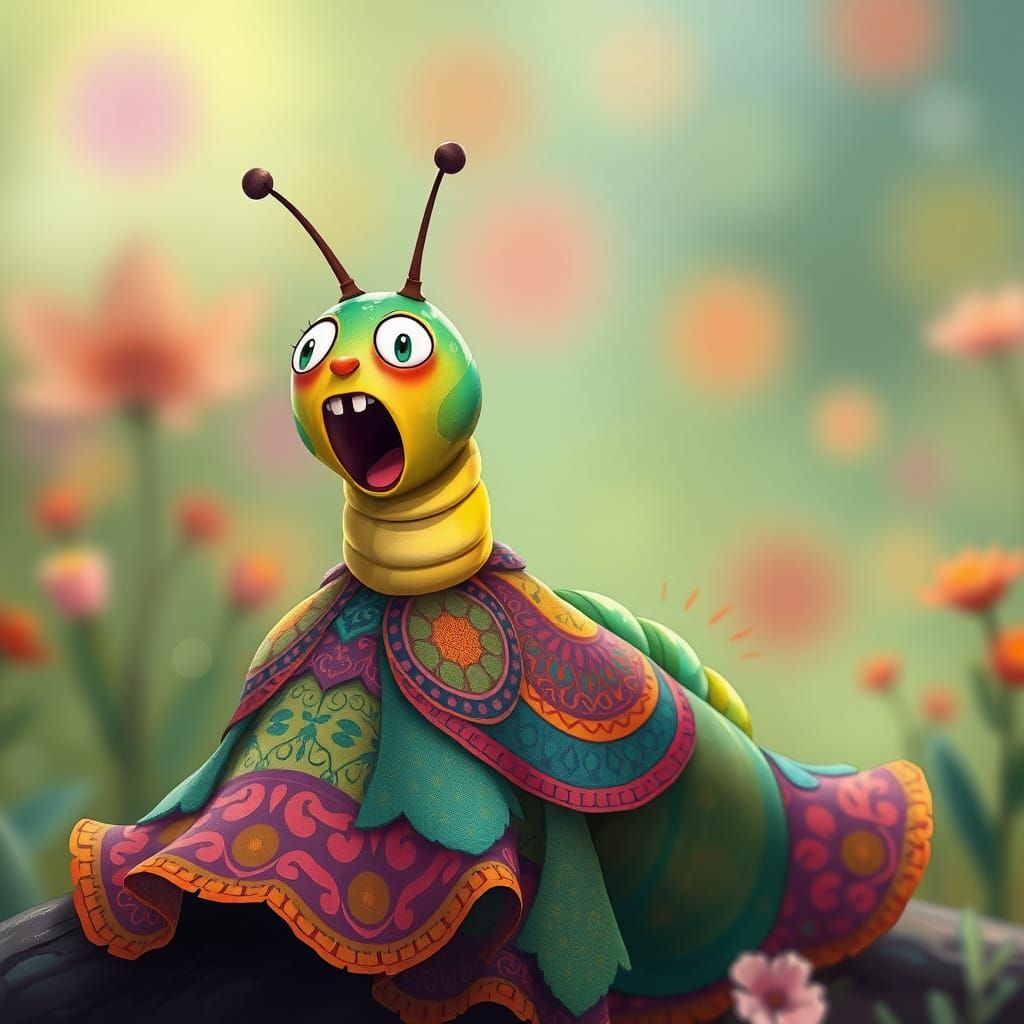 Emotional Caterpillar in Colorful Skirt, Dreamlike Scene