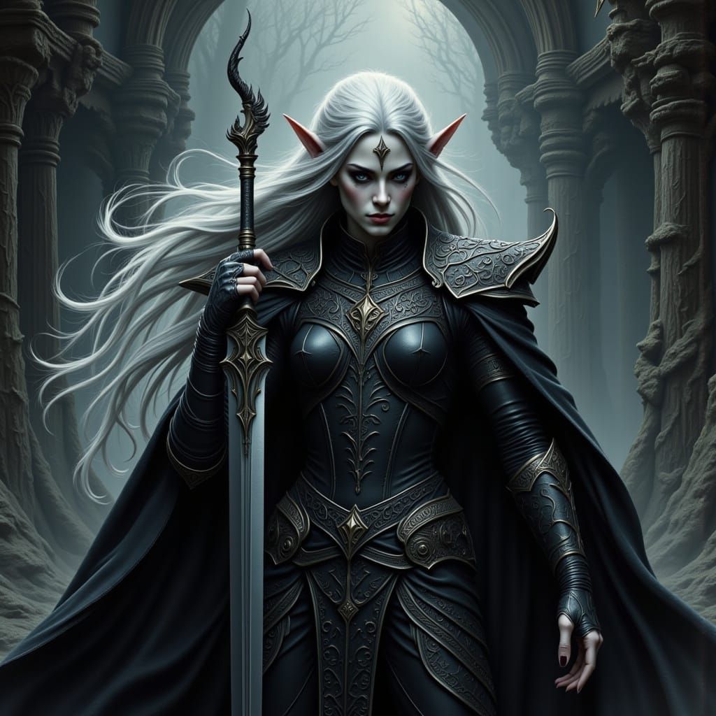 Drow Elf Warrior with Obsidian Skin and White Hair