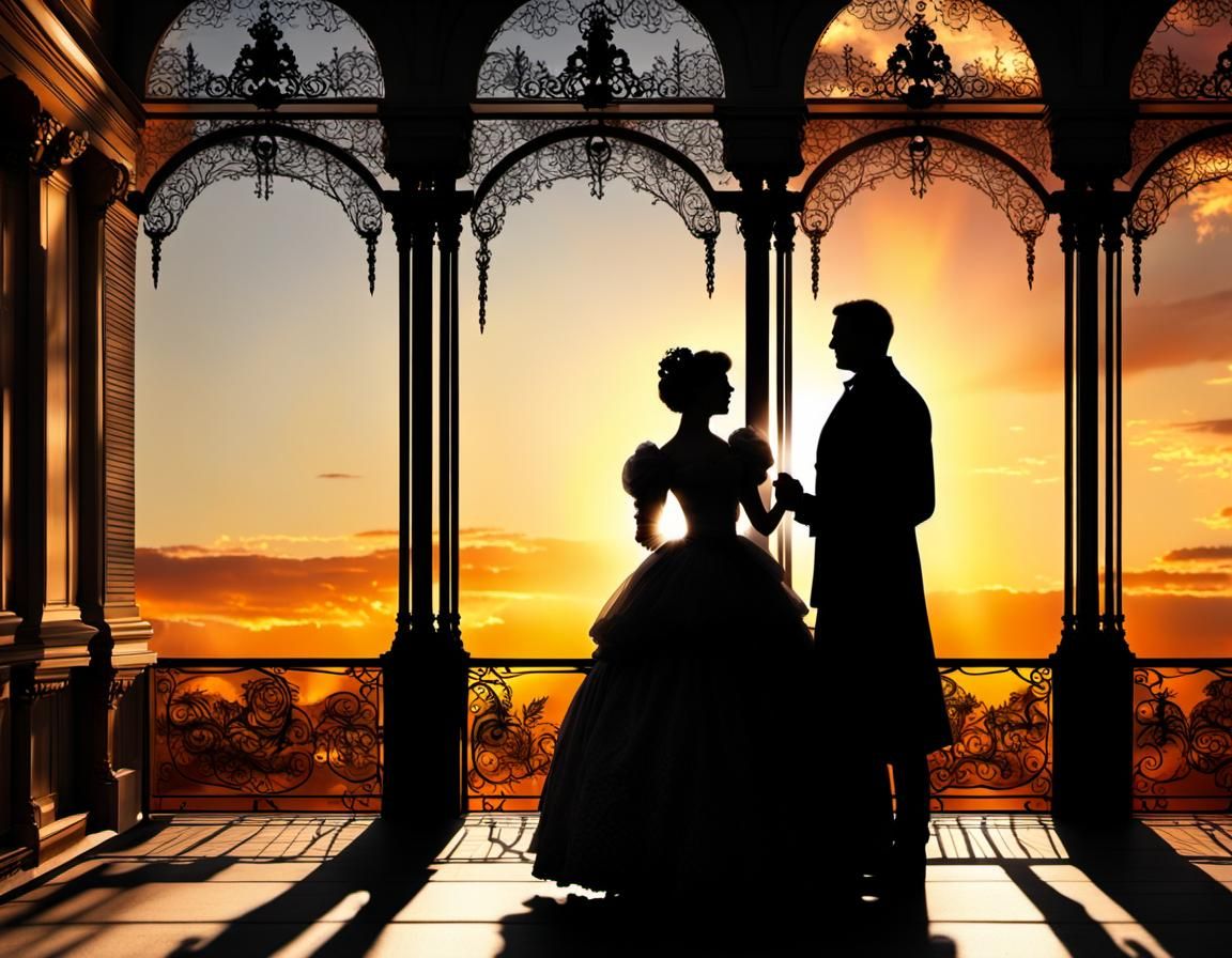 Victorian Couple Silhouetted at Sunset