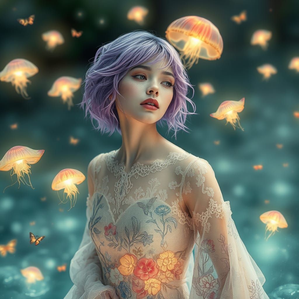 In the ethereal style of Adda Barrios, a woman with cascadin...