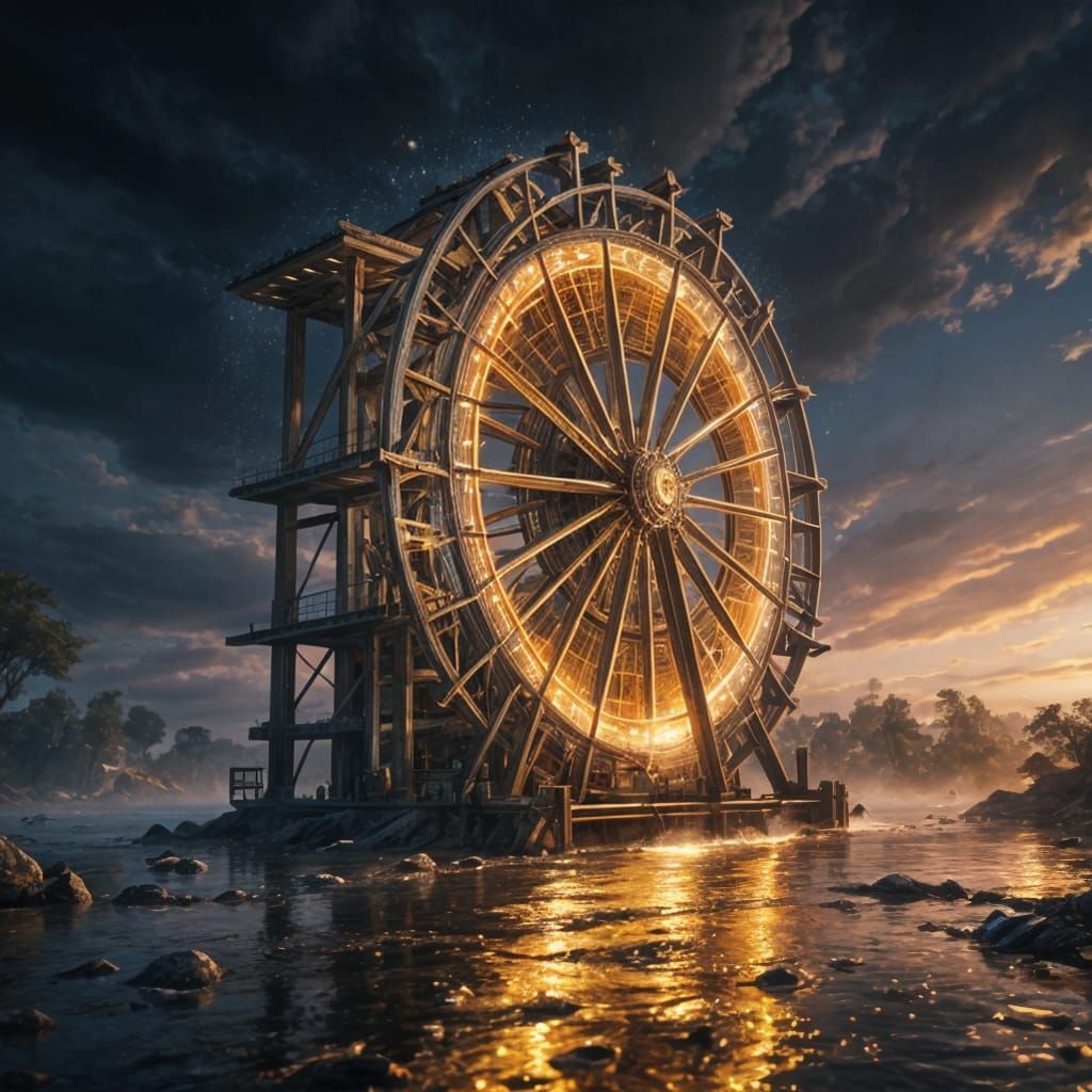 Ethereal Waterwheel Radiates Golden Light