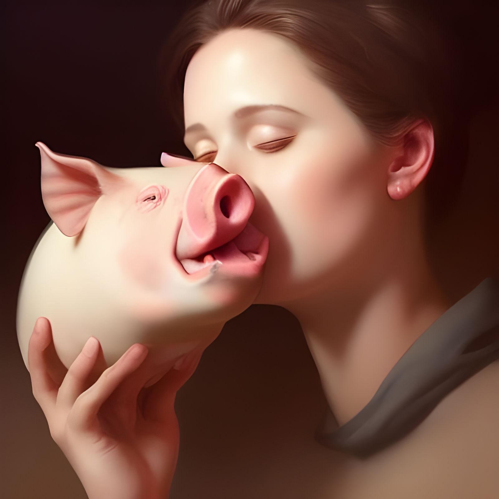 Egg-Faced Woman Kissing Pig: Hyperdetailed Portrait