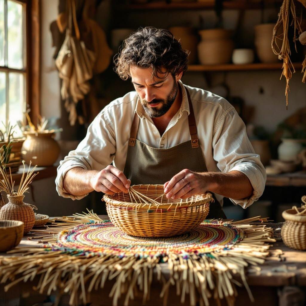 Artisan Weaving Ornate Basket in Sunlit Workshop