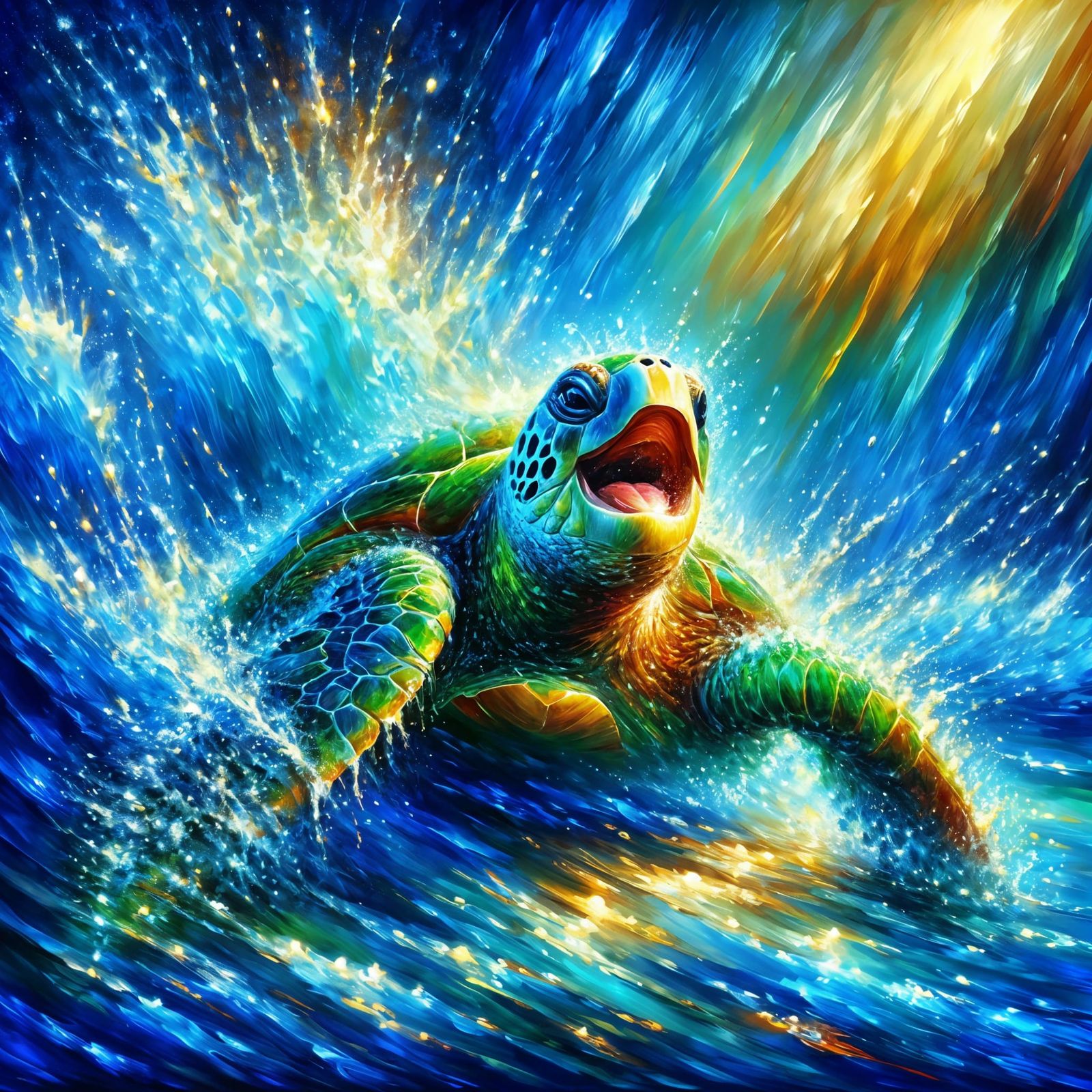 Emerald Sea Turtle Radiates Joy in Vibrant Ocean Scene