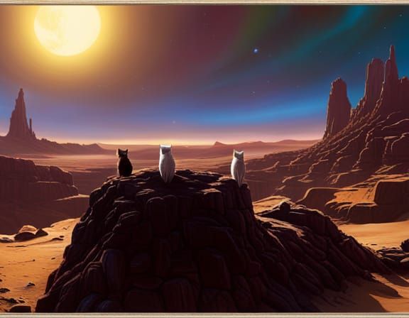 Cats Explore Planets in Steampunk Vaporwave Style