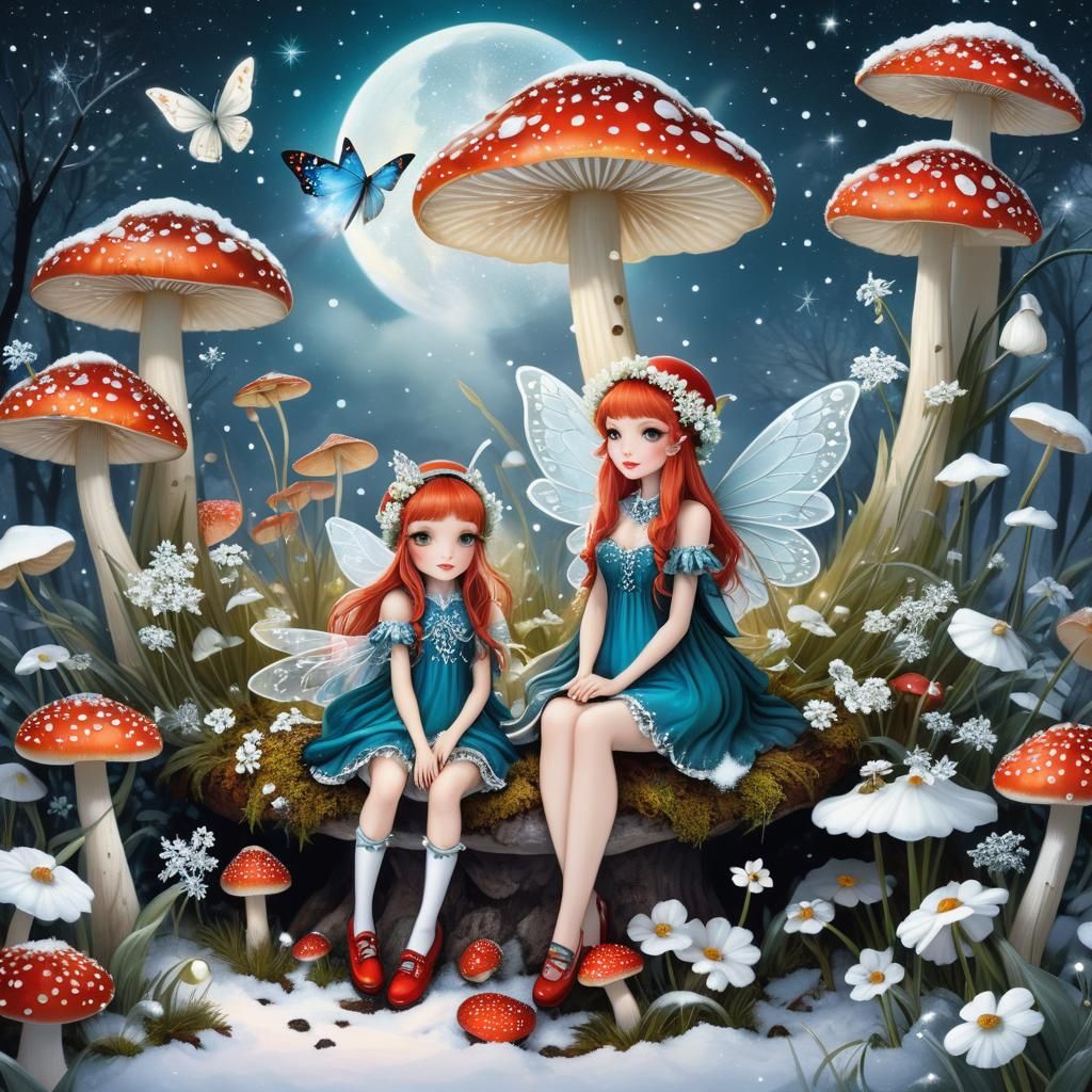 Fairies Announce Winter's Arrival on Mushrooms