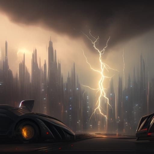 Cyberpunk City in a Bottle with Lightning