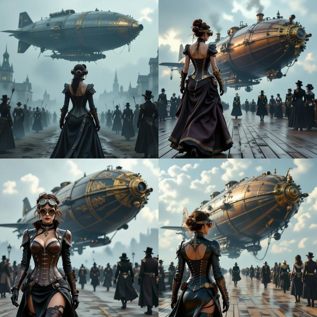Steampunk Woman and Gothic War Zeppelin
