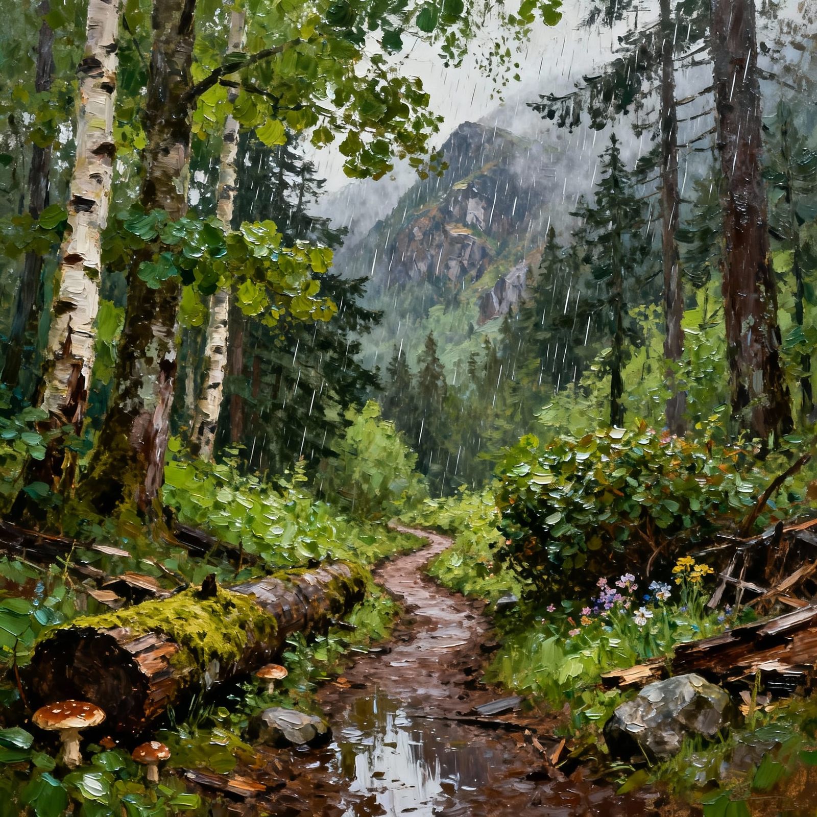 Misty Pacific Northwest Forest Path in Impasto Style