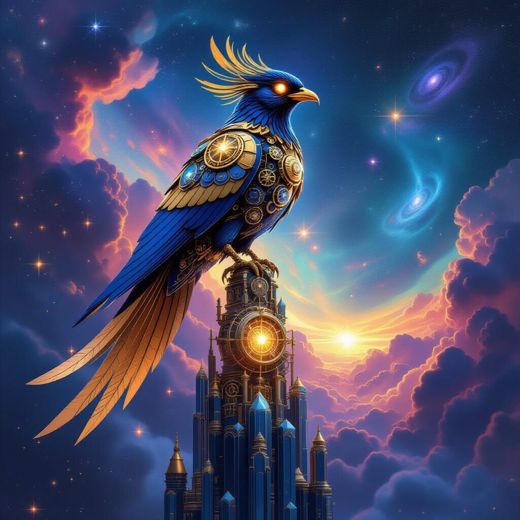 Clockwork Bird on Crystalline Tower in Cosmic Nebula
